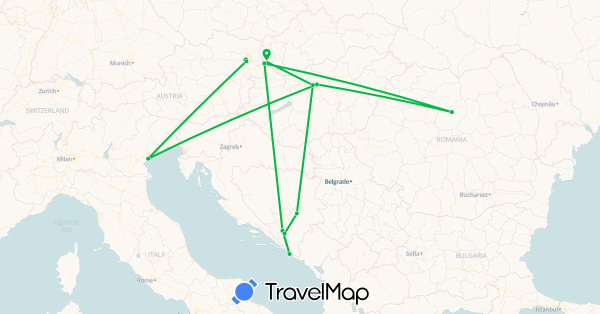 TravelMap itinerary: driving, bus in Austria, Bosnia and Herzegovina, Croatia, Hungary, Italy, Romania, Slovakia (Europe)